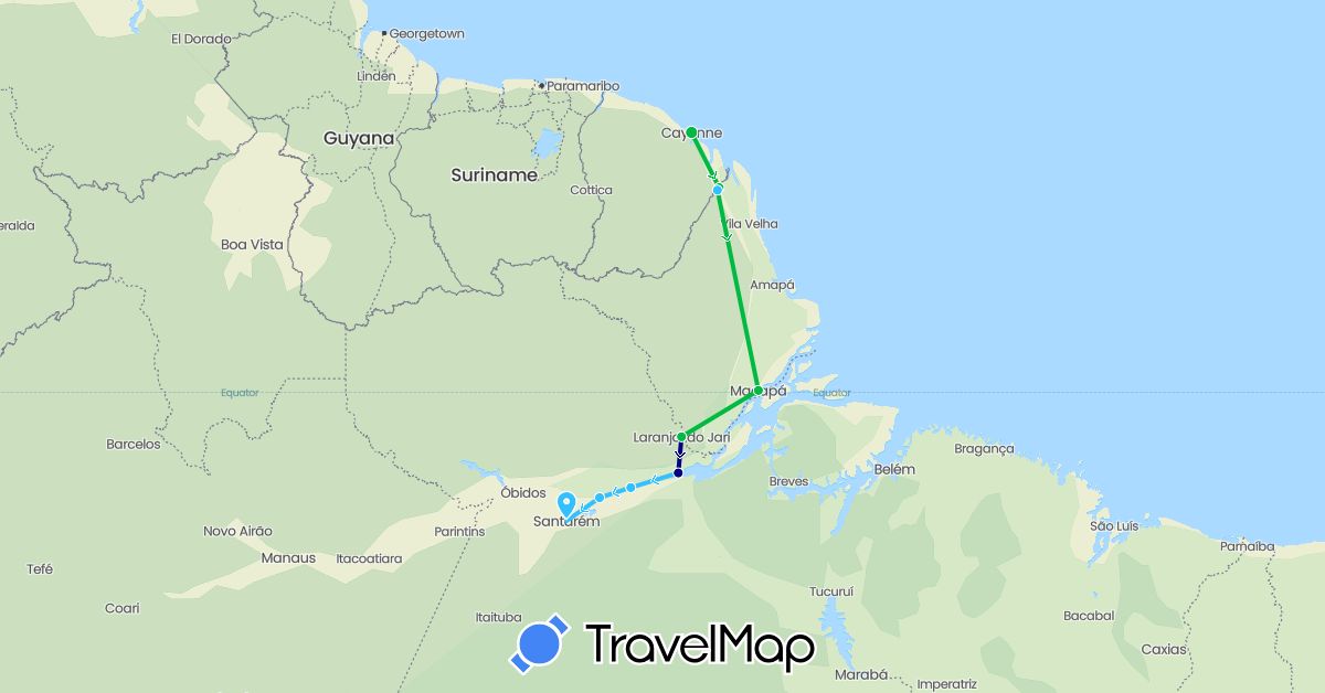 TravelMap itinerary: driving, bus, boat in Brazil, France (Europe, South America)